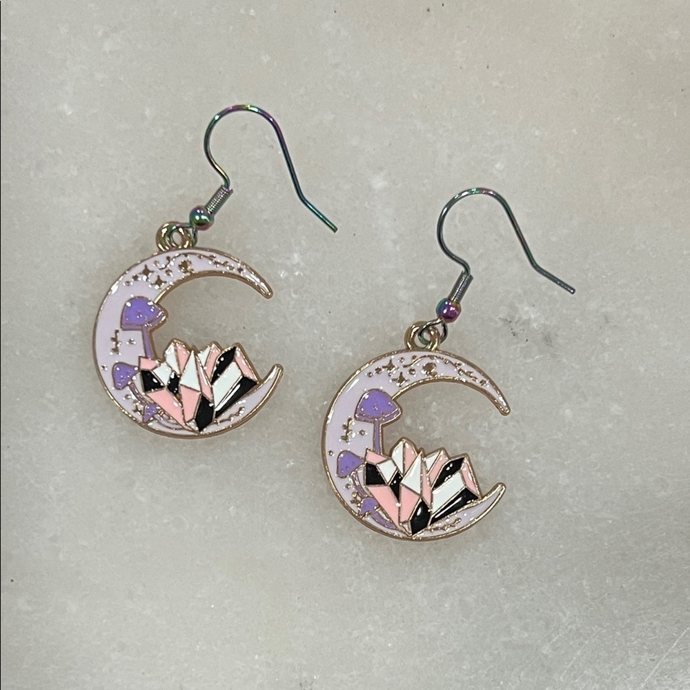 Elegant Moon Crystal Earrings - Purple and Pink